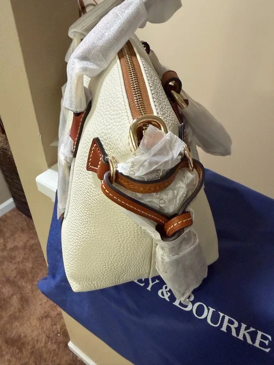 Dooney & Bourke Cream Pebbled Leather Satchel with Brown Trim - Picture 4 of 7